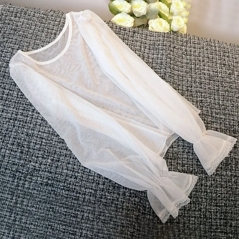 Japanese Elegant Women Mesh Long Sleeve Top Spring Sheer Lace Flare Cuff Sexy Inner Wear Blouse