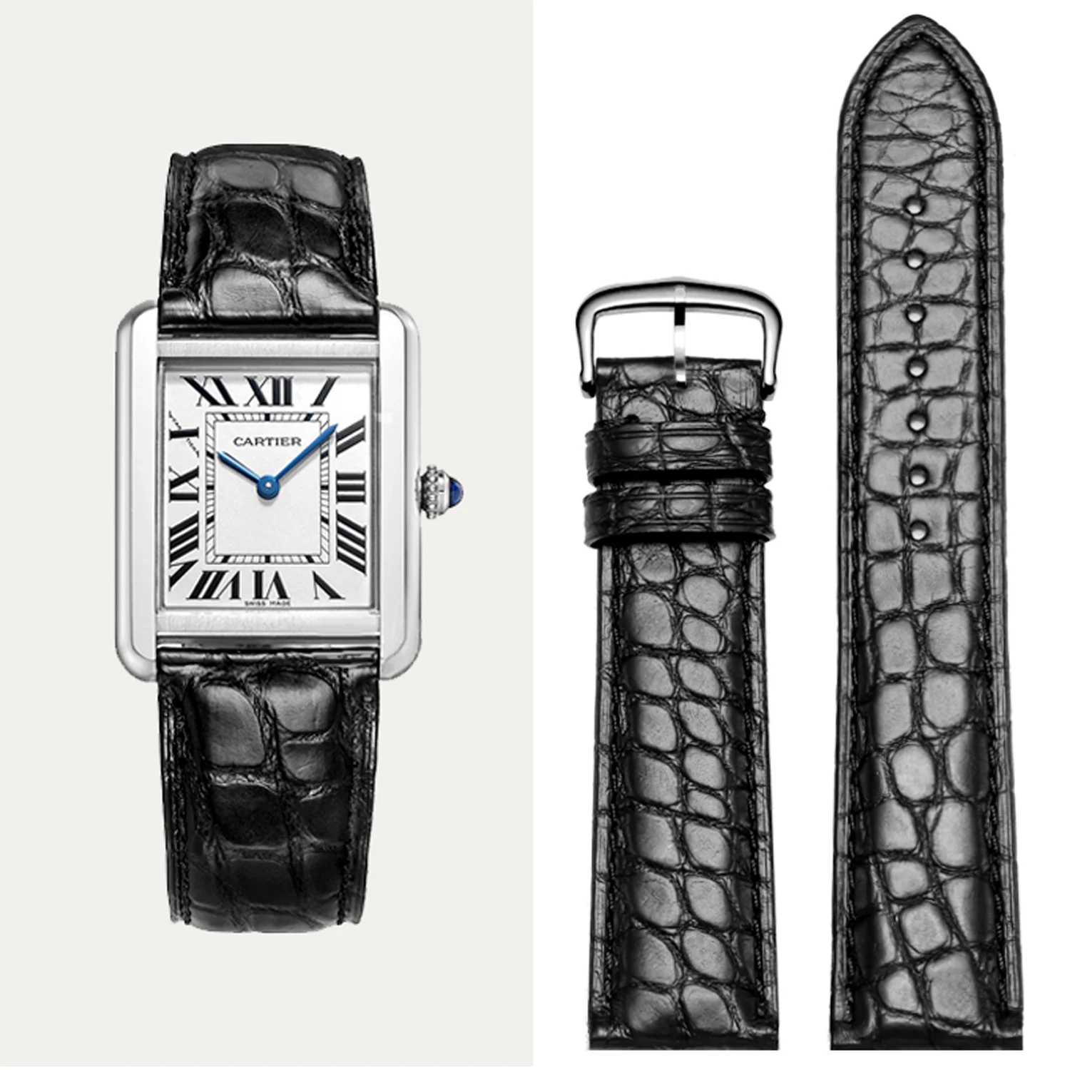 

Crocodile Watch Band Compatible for Cartier Tank Solo Alligator Leather Watch Replacement Straps Round Texture