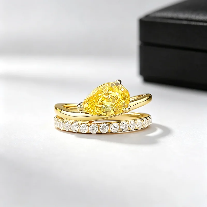 925 Sterling Silver Gold Plated Ring Set 6*9mm Pear Cut Canary Yellow Zircon Solitaire & Paved Band Bridal Women Finger Jewelry