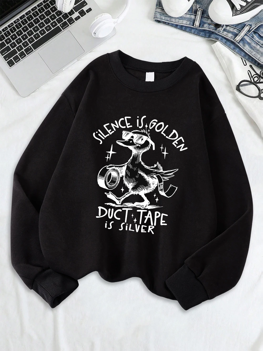 Silence Is Golden Duct Tape Is Silver Prints Sweatshirt Damen Winter Fleece Hoodie Crewneck Loose Pullover Lässige weiche Kleidung