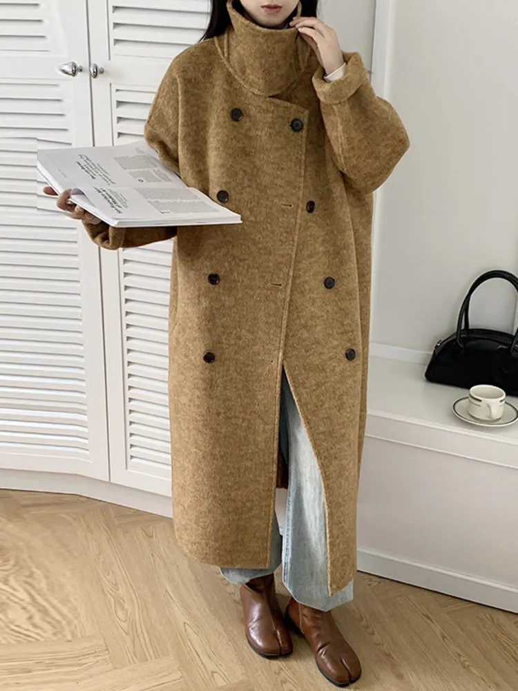 ZMEENNA レディース エレガント ブラウン ウール ブレンド ロング コート スタンドカラー 非対称ボタン 冬 アウター シック マキシ丈 ZM3435