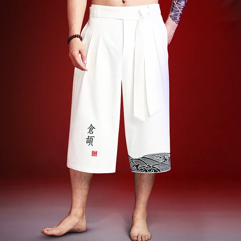 2024 Spring Japanese Linen Yukata Cropped Pants Japanese Traditional Kimono Pants for Men Asian Bath Pants Plus Size 3xl 4xl 5xl