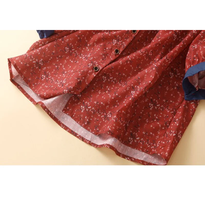 Women's Ramie Floral Shirt Single Breasted Thin Color Block Lapel Long Sleeve Top