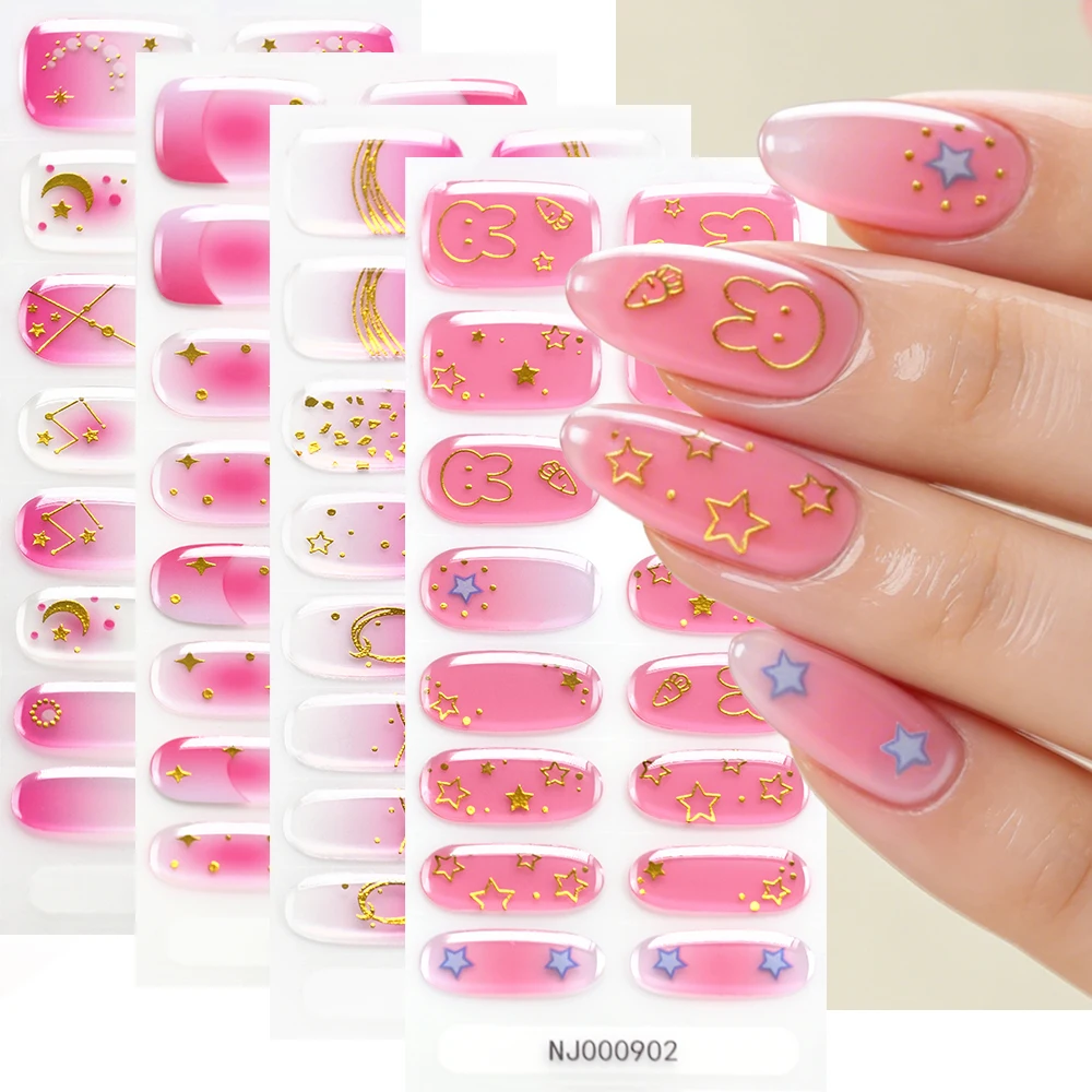 16Tips Pink Gradient Semi-Cured Gel Nail Sticker Spring Summer Exquisite Flowers Full Cover UV/LED Lamp Gel Nail Polish Wraps
