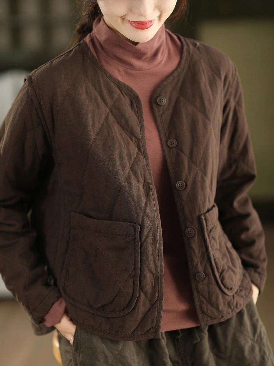 

Retro Waed Thin Cotton Jaet Long Sve Thiened Linen Outerwear Autumn Winter Warm Diamond Pattern Women's Cardigan