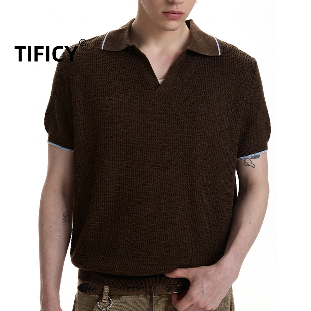 

High Street Tees T-shirt Men's Retro New Style Flip Collar Polo Short Sleeve Texture Front Shoulder Short Knitted TShirt Tops