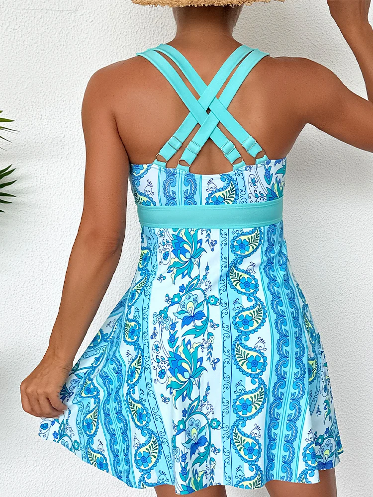 Women’s tankini set: shoulder straps, back cross-over, front and middle drawstrings, flared skirt, four-corner pants.