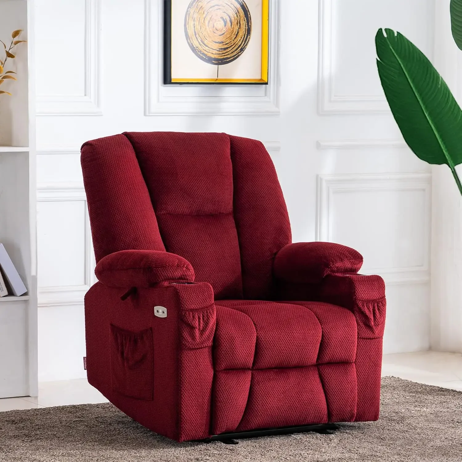 Fabric Electric Power Recliner Chair with Heat and Massage, Cup Holders, USB Ports, (Not Lift Chair) (Burgundy, Single Recliner)