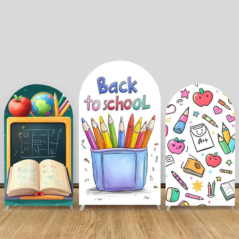 

Back to School Arch Backdrop Cover Colorful Pens Books Kids Welcome Kindergarten Preschool Party Decor Background