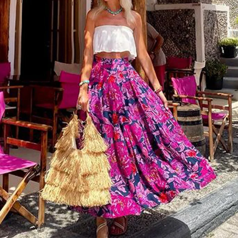 Greenora Women's Spring Summer Fashion Printed Bohemian Waist-Cinching Midi Skirt for Date Clean Girl