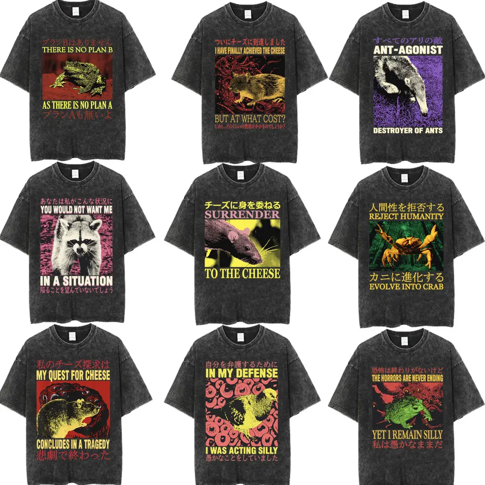 Camiseta Gráfica Divertida con Meme de Cangrejo Evolucionando Japonés, Camiseta Retro Lavada de Manga Corta para Hombre, Camiseta Holgada de Moda, Ropa Urbana