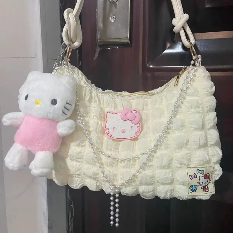 Sanrio-Bolso de hombro con cadena de perlas para niña, bolsa de mano con contraste de Color de Hello Kitty, a la moda