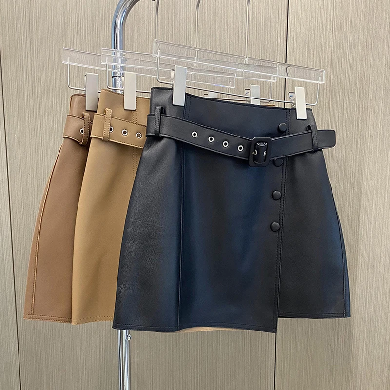 Julypalette 2023 Fall Winter Real Sheep Leather Skirts for Women Fashion Irregular Buttons Ladies Bodycon A-line Skirt with Belt