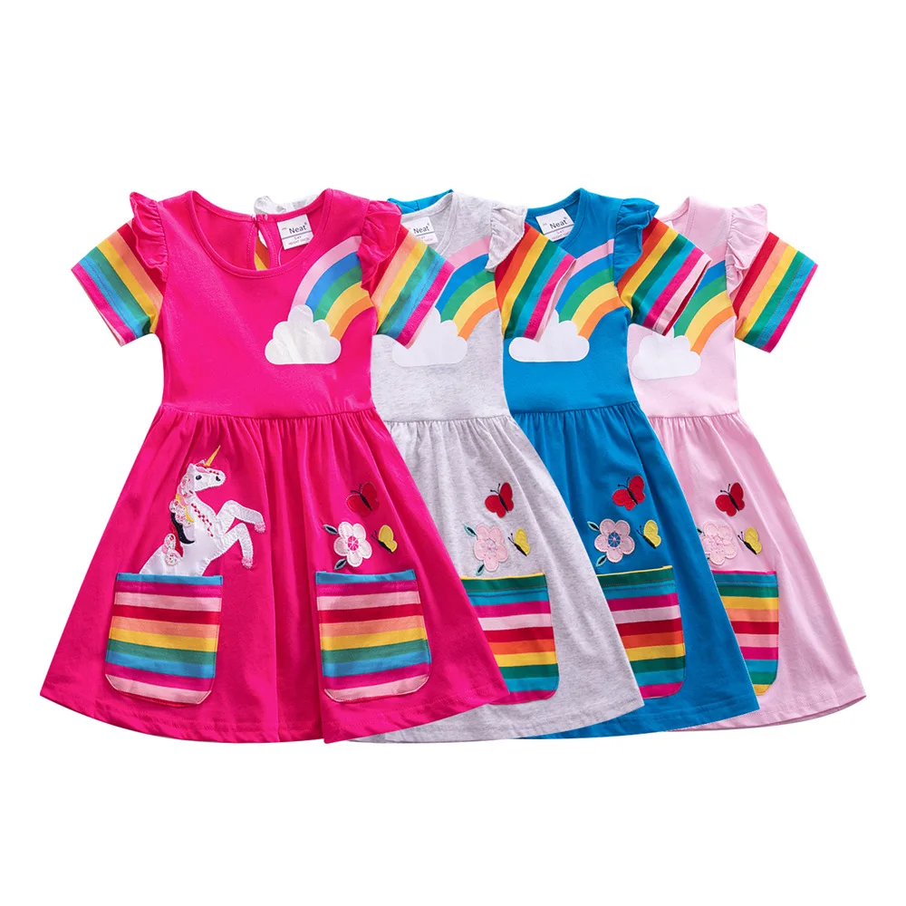 Girls' Short Sleeve Unicorn Dress New Summer Embroidered Two Pockets Rainbow Sleeve Children's SH81035