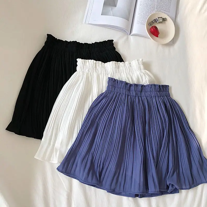 2022 Summer New Korean Edition Solid Color Chiffon Half Skirt Small Fresh High Waist Slim 100 Pleated Anti Shining Skirt Pants