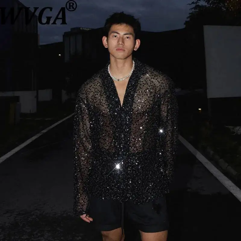 

WVGA Summer New Men Tide American Style Niche Design Shiny Sequin Hollow Out Trendy Long Sleeve Shirt Chic Casual Top Ins W23860