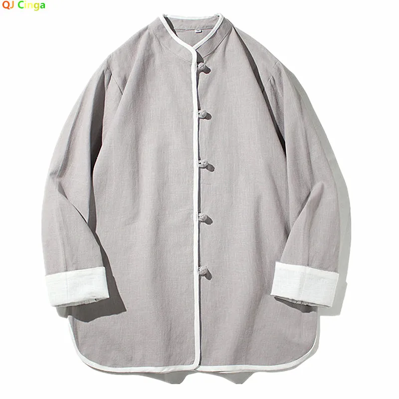 

Chinese-style Men's Long-sleeve Cotton-linen Shirt; A Stylish, Relaxed-fit Summer Shirts Available in Gray or Blue.
