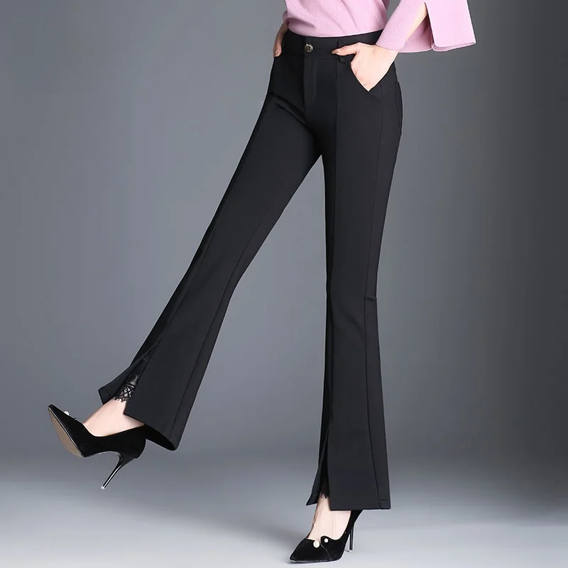 

High Waist Flared Pants Women's Casual Split Leg Sle Korean Commute Faion Nine Points Length Polyester Fiber Thin Model