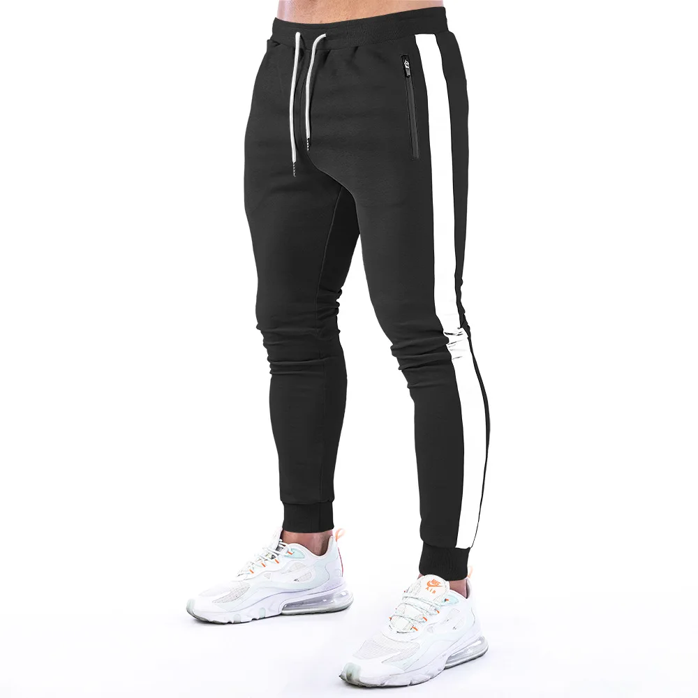 Mens Cotton Sport Trousers GYM Sweatpants Stripe Joggers Casual Training Workout Zipper Pocket Fitness Male Running Pants