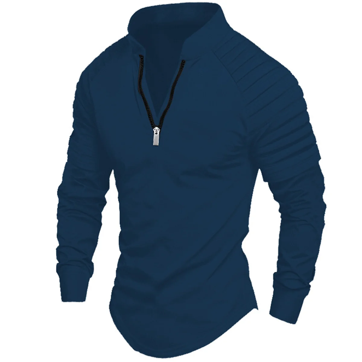 Spring and Autumn Men\'s Outdoor High Street Style Solid Color Zipper Arm Wrinkle Design Muscle Sports Long Sleeve POLO shirt