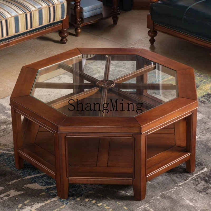 

FG solid wood coffee table glass round living room small apartment mini fully equipped tea table
