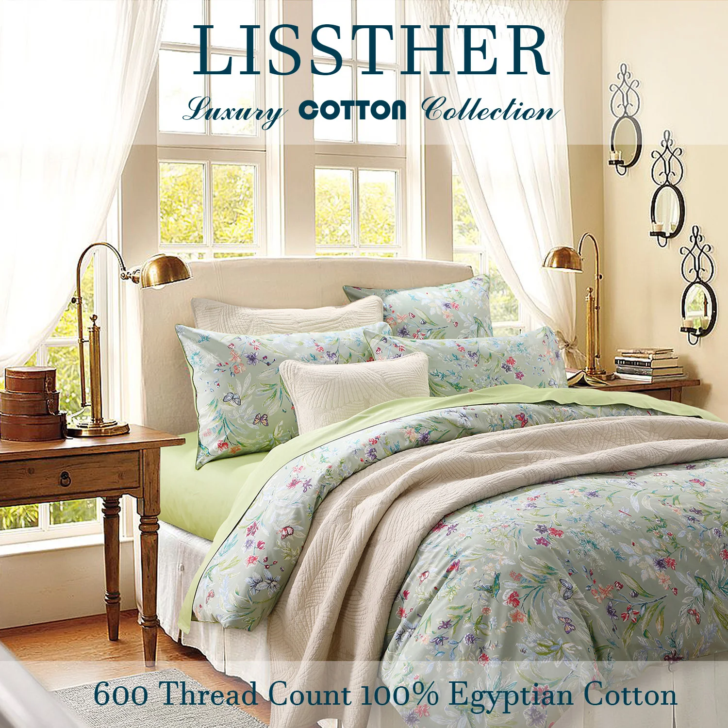 3pcs 600 TC 100% Egyptian Cotton Duvet Cover Set (Without Core),  Vintage Butterfly In Botanical Floral, Soft & Skin-friendly