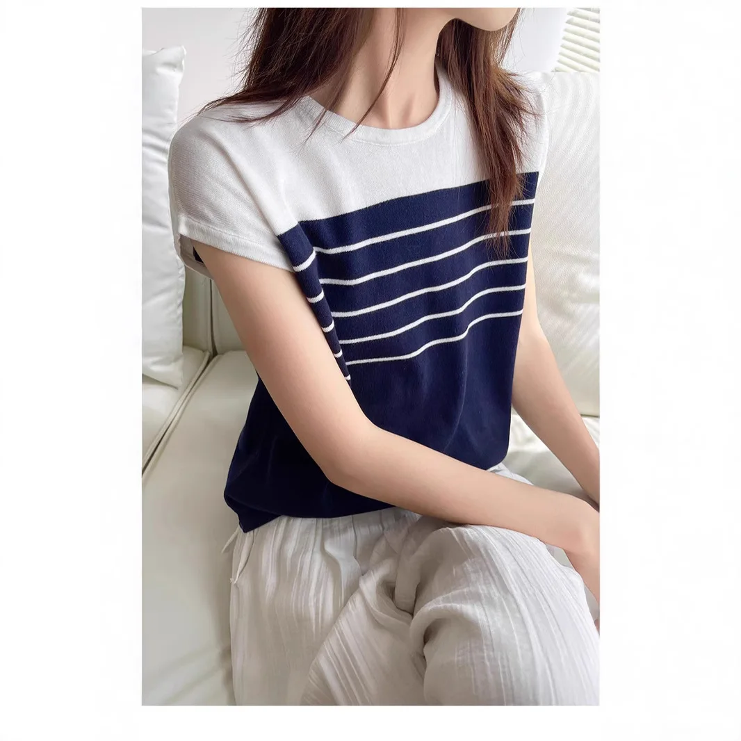 ファッショナブルで西洋スタイル〜ストライプニットシャツテクスチャカラーブロックラウンドネックルーズタンクトップ女性用