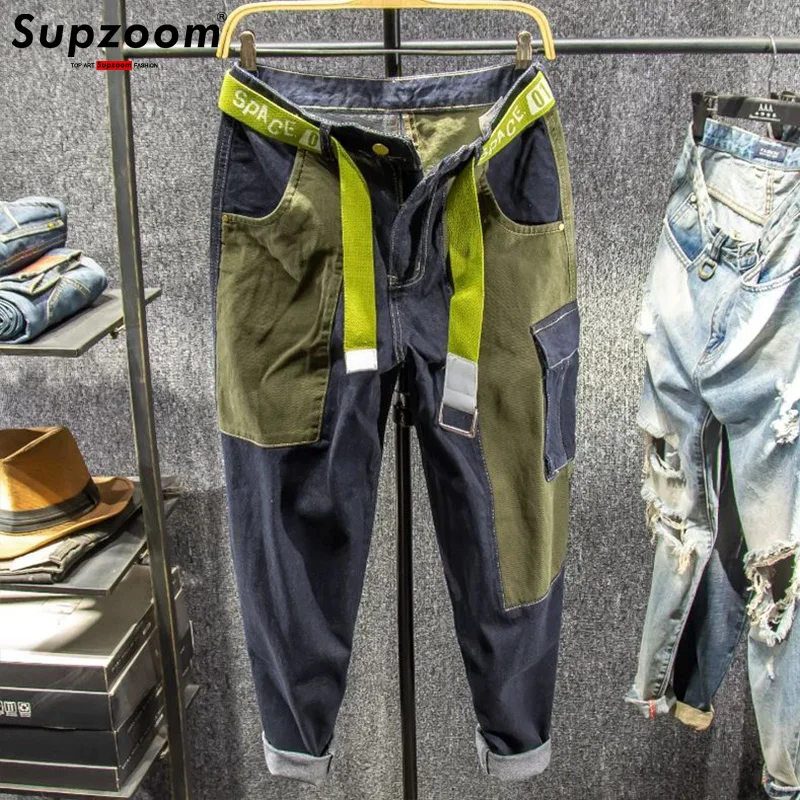 Supzoom Barang Baru Diskon Besar Mode Atasan Musim Gugur Ritsleting Terbang Stonewashed Kasual Patchwork Kargo Denim Kantong Celana Jeans Katun Pria