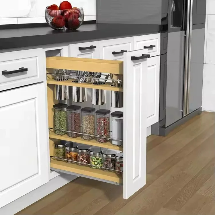-oo Wooden Side Pull Out Basket Kitchen Cabinet Organizer with Stainless Steel Canisters Multi-tier Storage Rack