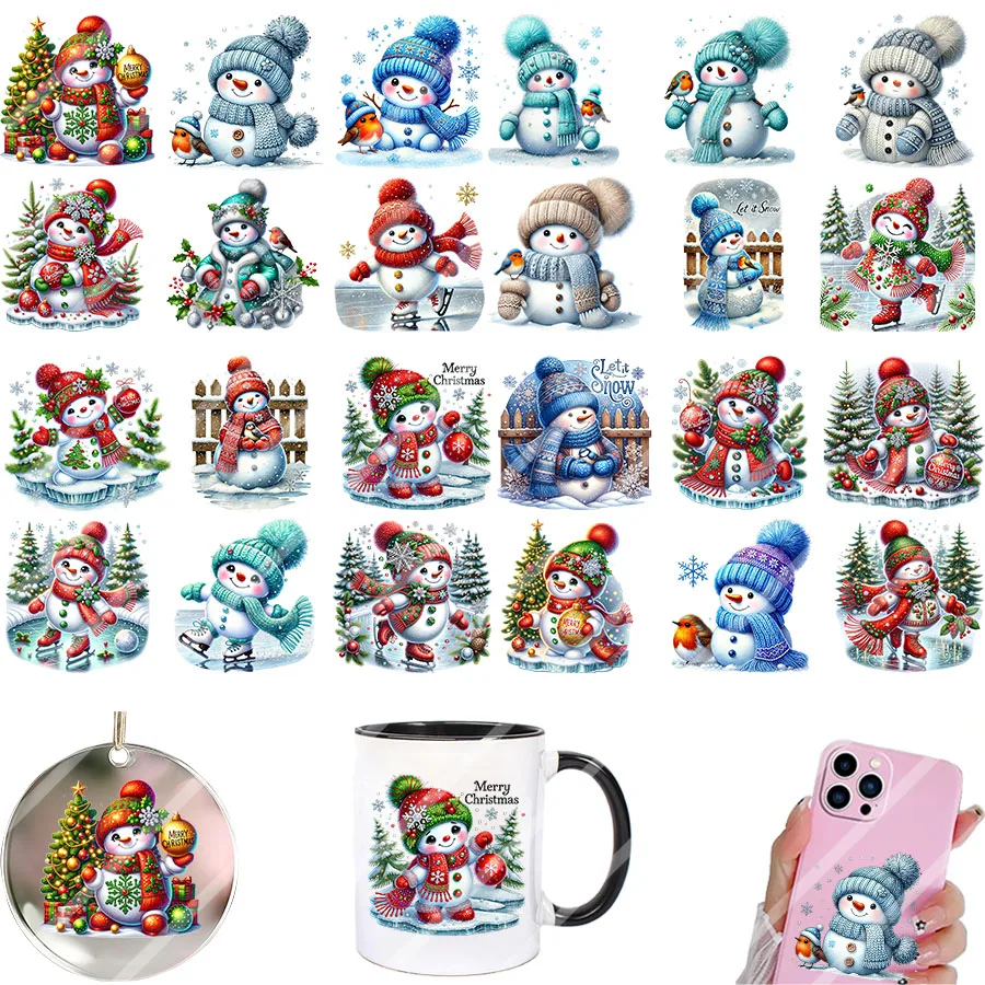 4pcs Cute Christmas Snowman Tree Ornament DIY UV DTF Rub On Transfer Stickers Glass Cup Wrap Winter Cards XMas Home Decor