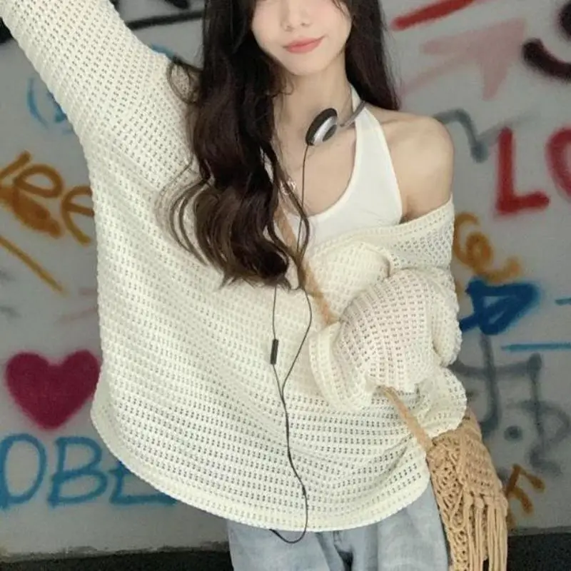 Fashions Hollow Out Long Sleeve Pullover Knit Sweater Female 2024 Summer Loose Shirt Thin Tops Premium Cardigan Blouse Traf Y2k