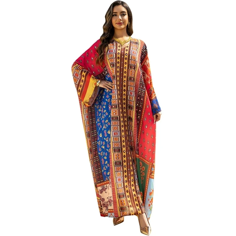 Middle East Dubai Muslim Saudi Arabian Robe Spring/Summer New Printed Hot Diamond Robe Loose Luxury Fashion Jalabiya Dress