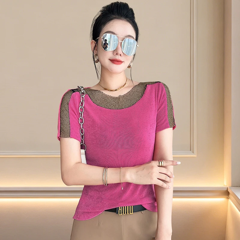 2026 new summer korean clothes t-shirt chic sexy o-neck hollow Out patchwork diamonds women tops short Sleeve slim tees