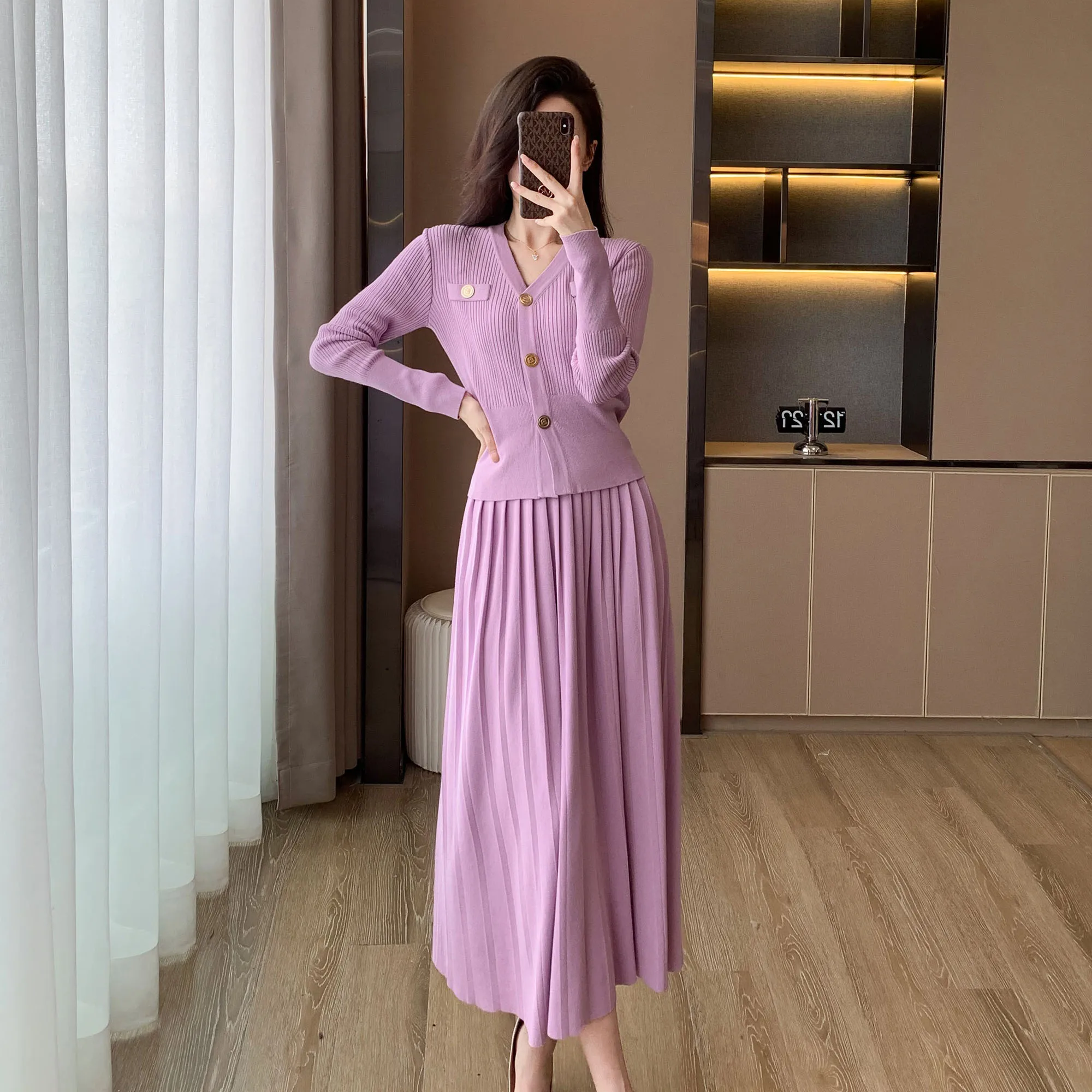 French Elegant Purple Knitting 2 Piece Set New Women V Neck Single Breasted Sweater Short Cardigan + Long Pleated Skirt Suits