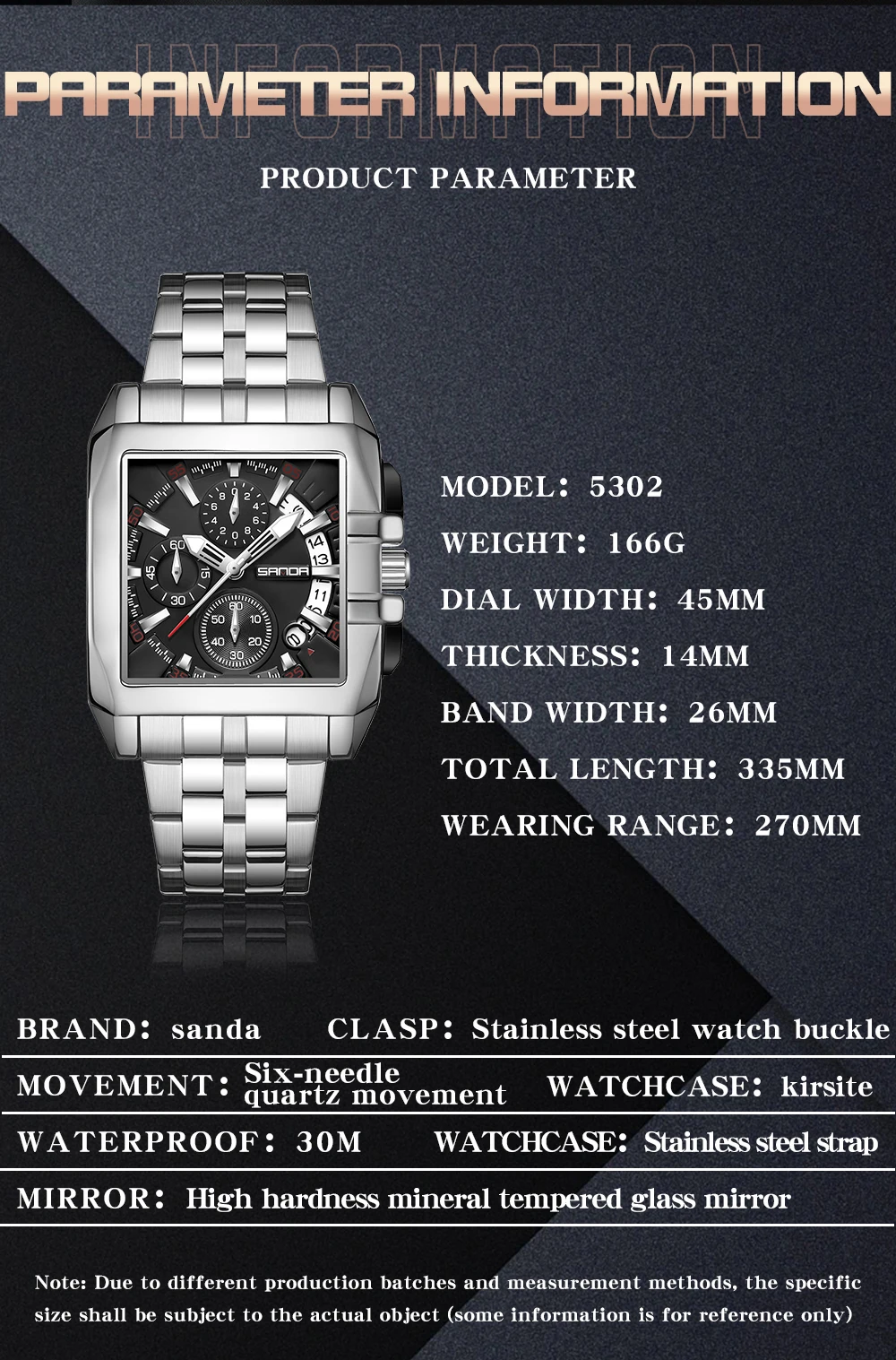 Sanda2023 novo relógio de quartzo masculino com três olhos e seis agulhas tendência da moda com calendário masculino banda de aço relógio quadrado 5302