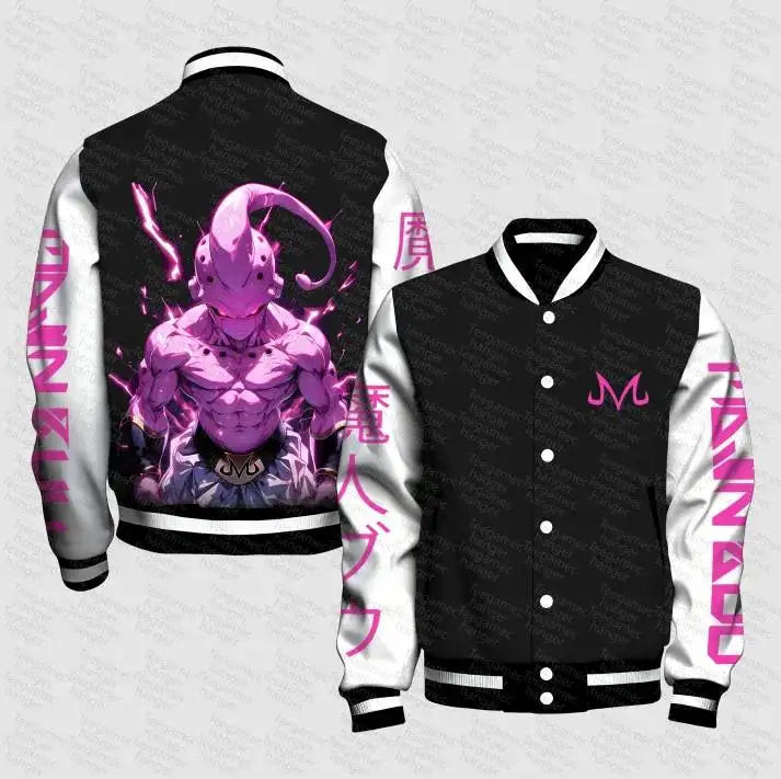 Majin Buu Dragon Ball Z Chaqueta de béisbol negro blanco con personaje de anime morado y efectos de rayo rosa para fanáticos