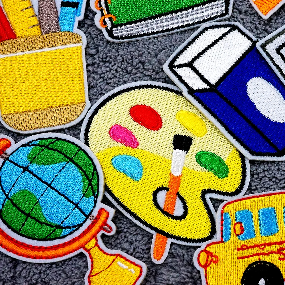 Book School Bus Globe Patches Cloth Embroidered Applique Sewing Clothes Apparel Decoration Patch Iron on Stickers