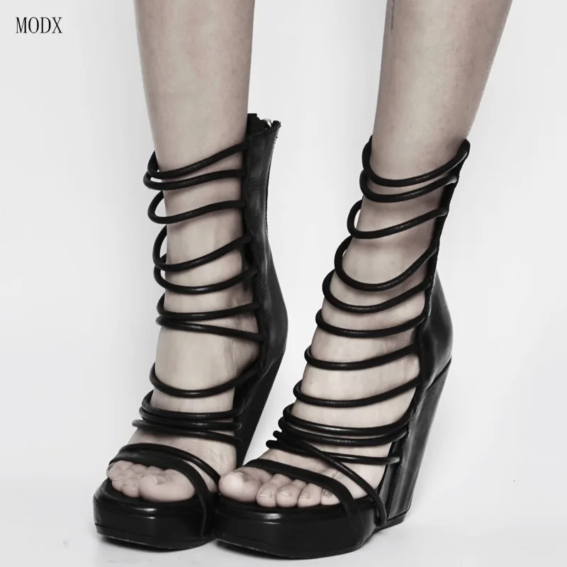 2026 Women Black strappy leather wedges platform sandals Women 's punk cool high heels summer big size good quality party Heels