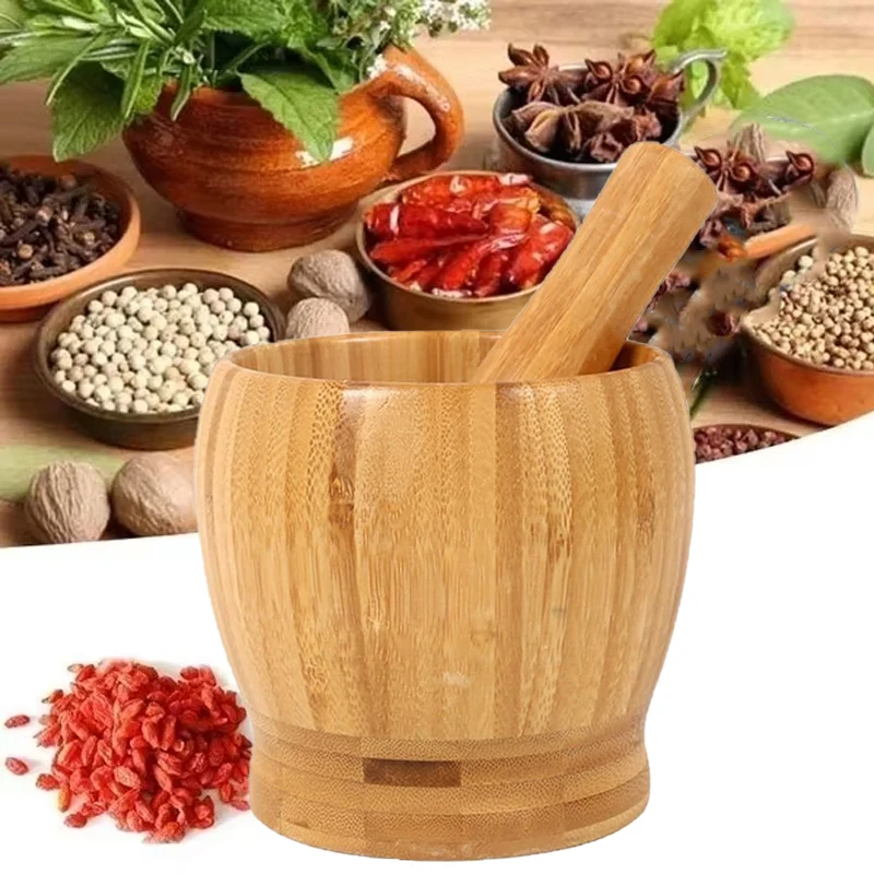 Juego tradicional de mortero y mortero de bambú, molinillo de ajo, triturador de hierbas y especias, trituradora de condimentos, herramienta de cocina para puré de especias y pimienta