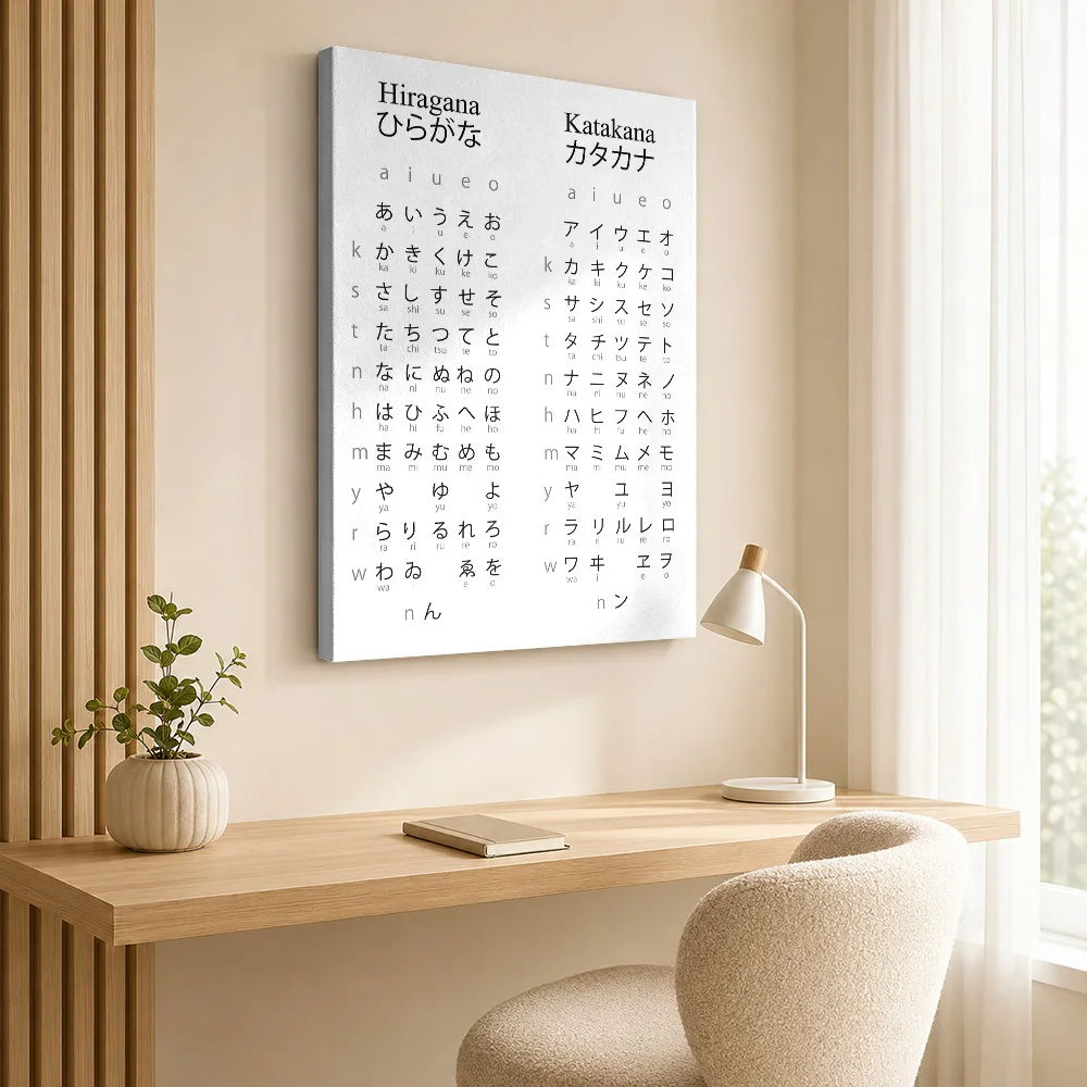 Hiragana Katakana Language Chart Canvas Print With Wooden Frame Personalized Photo, Reference Diagram Wall Art For Classroom