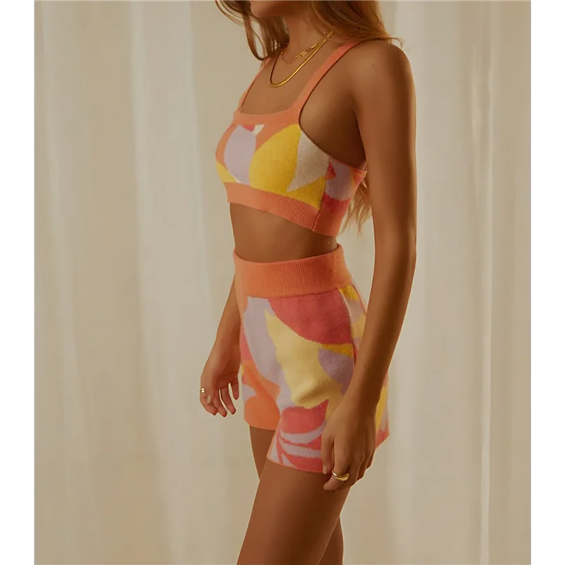 ABRT-Mulher Sexy-Oco Out Bodycon Crochet Malha 2Pc Outfits Crop Tops Calças Curtas Conjuntos de Saias