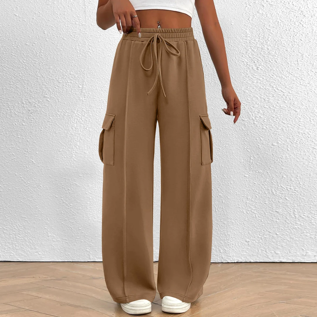 Pantalones Cargo Y2K para mujer, moda informal, cintura alta, pantalones con bolsillos grandes, pantalones de chándal lisos con cordón, Pantalones rectos sueltos, ropa de calle