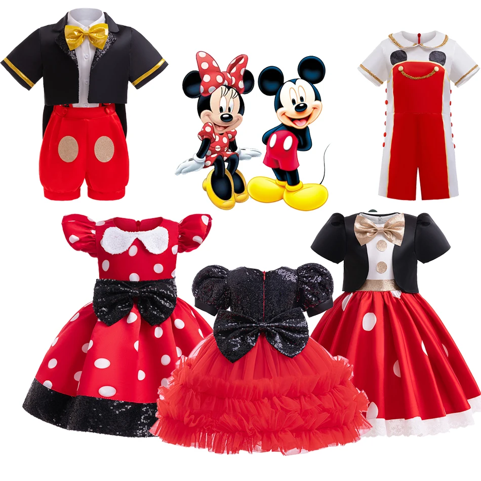 Disney Minnie Mouse Dress Mickey Mouse Suit Mickey and Minnie Cosplay Costume Girls Short-sleeved Princess Clothes Kid Party Set