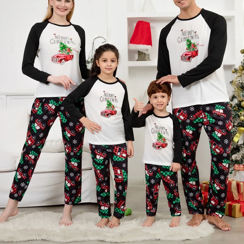 Christmas Family Matching Pajamas Set Short Sleeve Reindeer Print Tops with Cozy Flannel Pants for a Festive Look