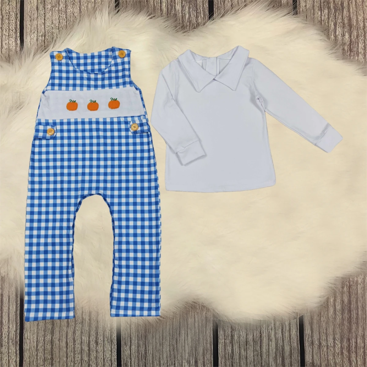 

Toddler Thanksgiving Set Boy Long Sleeves Skirt Outfit Children Baby Kids Embroidery Pumpkins Plaid Romper Clothes Wholesale