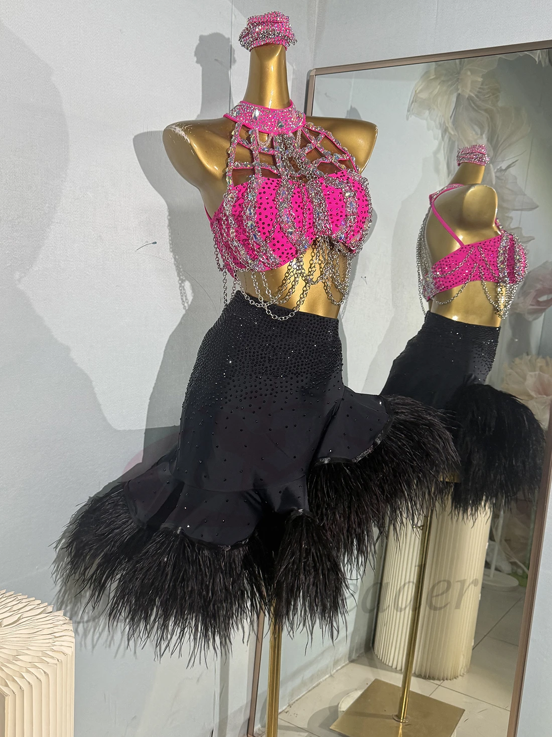 Bailarina latina para niños y adultos, sujetador de cadena personalizado de alta gama, falda esponjosa, vestido de actuación de diamante Samba