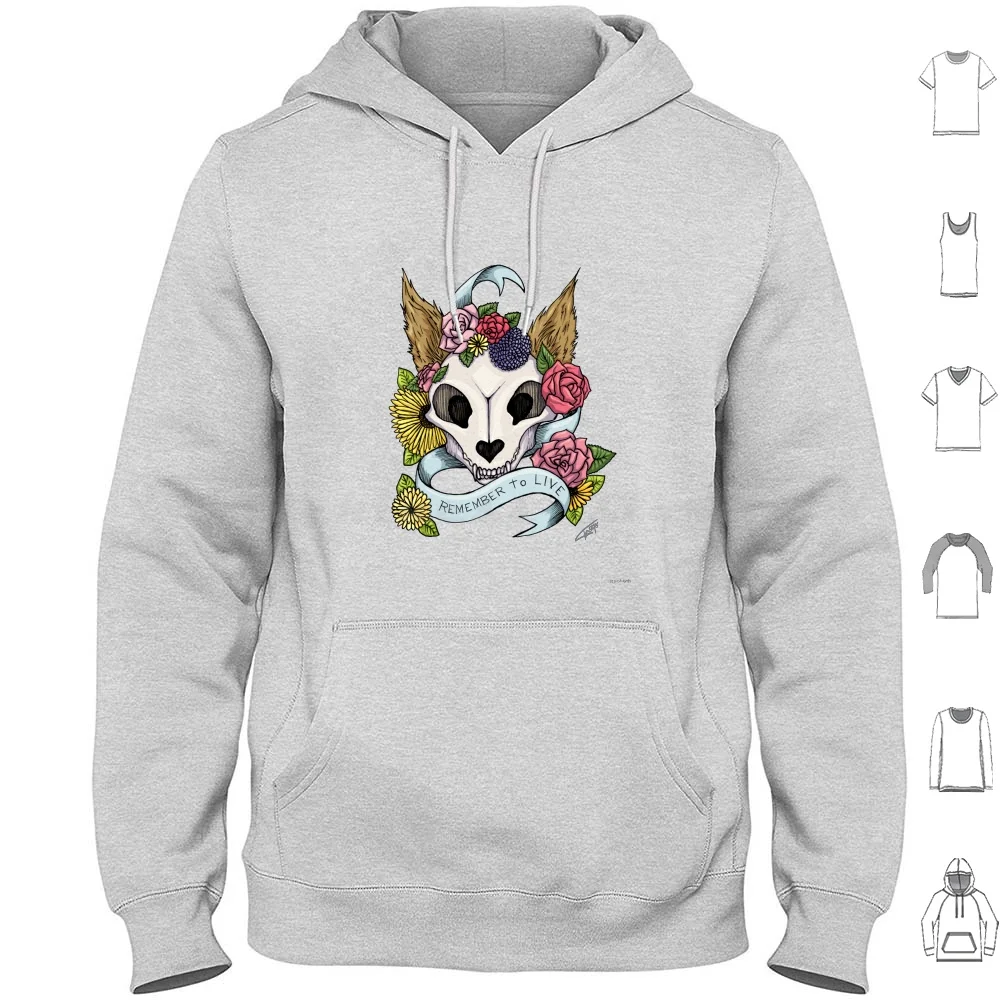 Cat Skull-Remember To Live Hoodie Cotton Long Sleeve Cat Skull Skull Flowers Death Life Cats Cat Tattoo Design Hipster