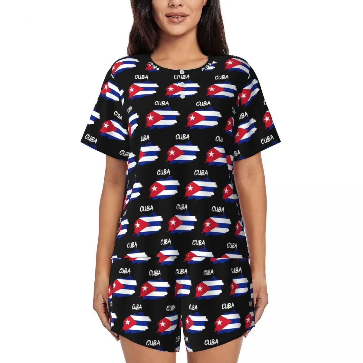 

Ночная рубашка с круглым вырезом и короткими рукавами с изображением кубинского флага, женская мягкая пижама с короткими штанами