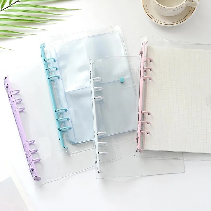 6 Pack PVC A6 Binder Transparent 6 Ring Binder Clear Soft PVC Notebook Cover Budget Planner Folder Cover with Sp Button