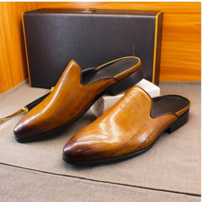 Brown Black Carved Brogue Slippers Cow Leather Handmade Mules Fashion Men Half Slides Shoes Cover toe Plus Size 38-46